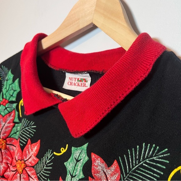 Vintage Christmas Sweatshirt Poinsettia Nutcracker 90’s size XL black pullover - Picture 4 of 6